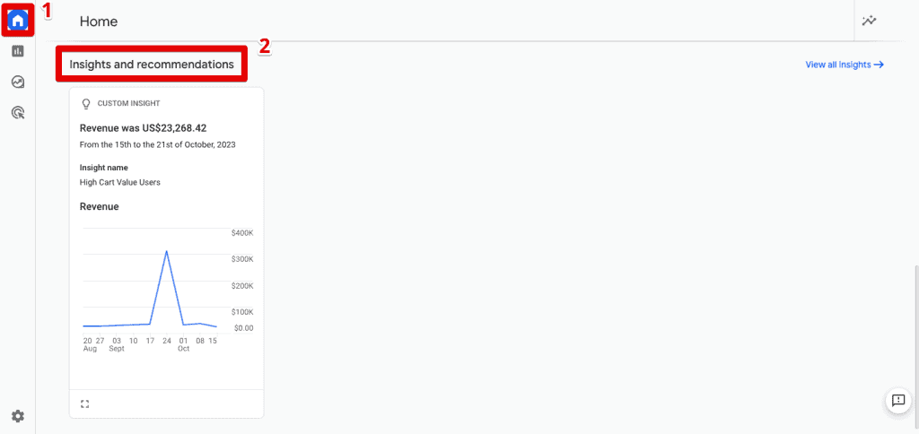 Insights card in the GA4 home