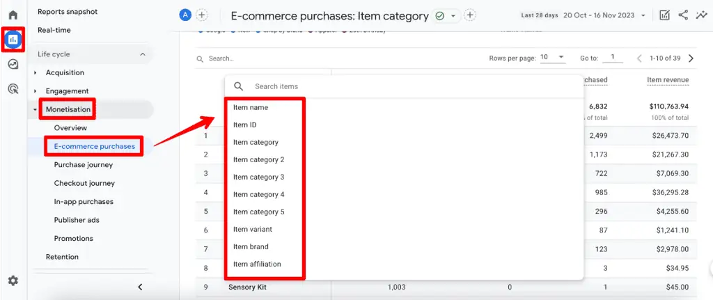Item dimensions in GA4