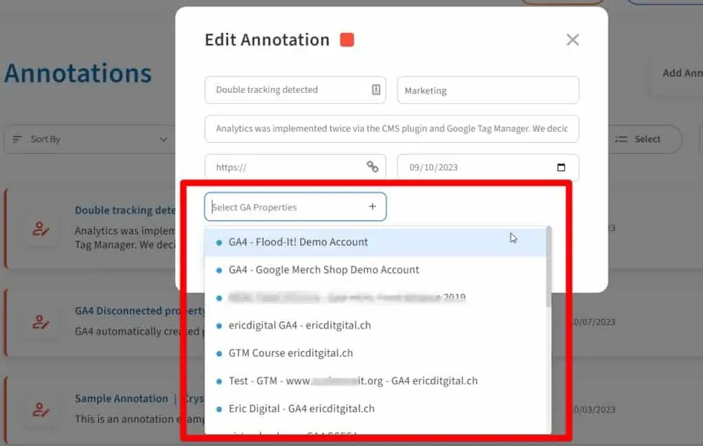 List of GA4 properties in the extension