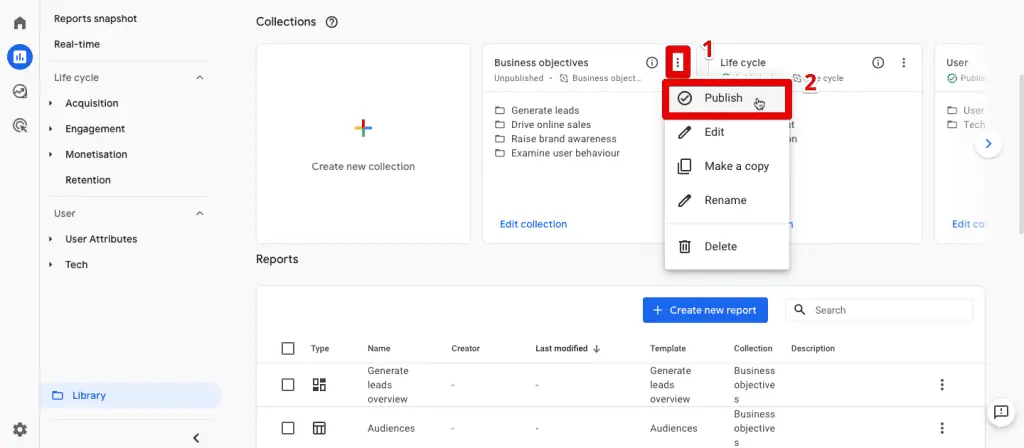 Publishing the business objectives collection