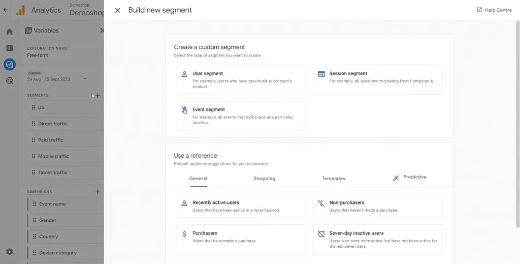 Segment builder in the explorations section