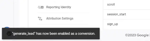 Successful marking of the generate_lead event as a conversion