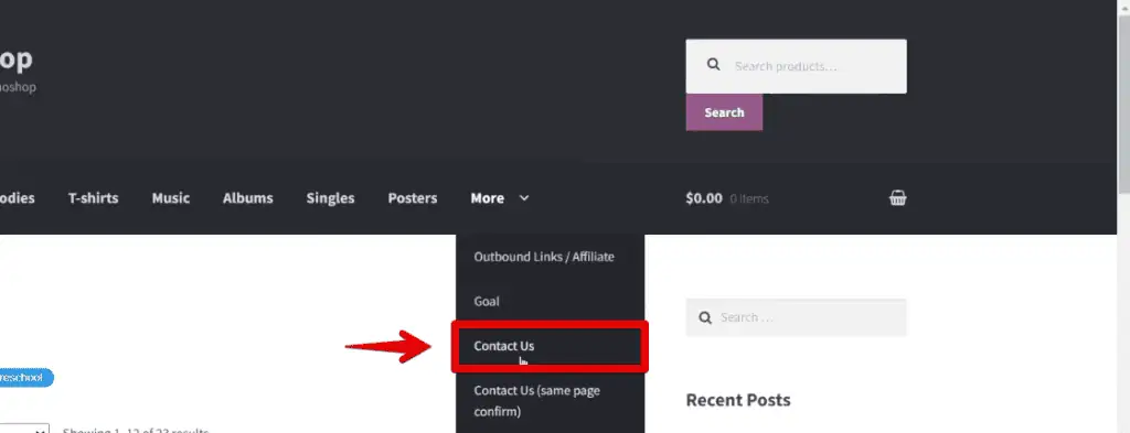 The Contact Us page of the demo shop website