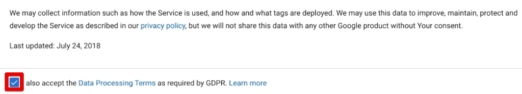 Accepting the terms of service for creating a GTM account