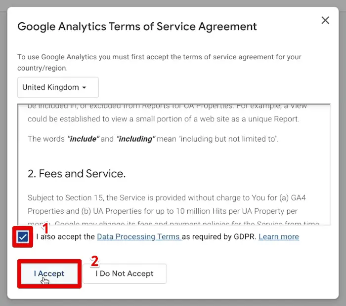 Accepting Google Analytics terms of service