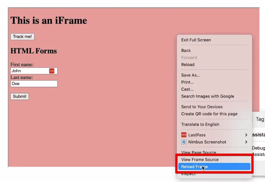 Additional iframe options upon right-clicking