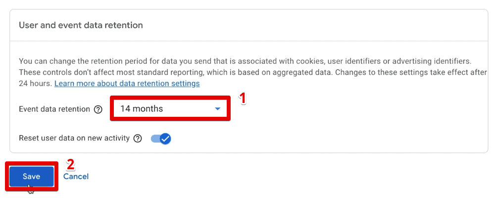 Changing the data retention settings to 14 months