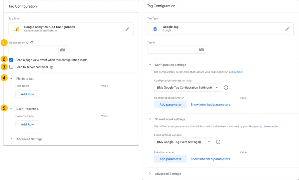 Comparison between the GA4 configuration tag and the new Google tag