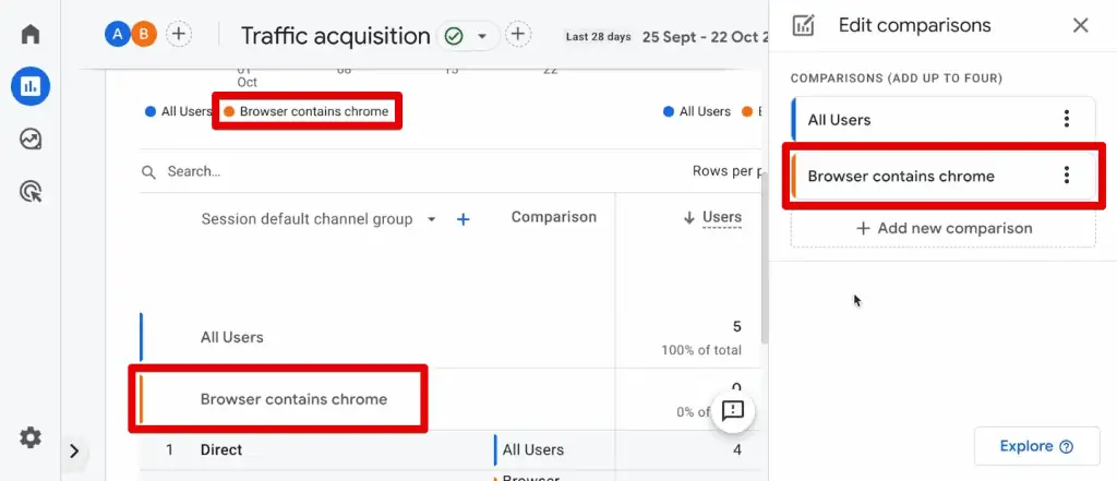 Comparisons in a GA4 report