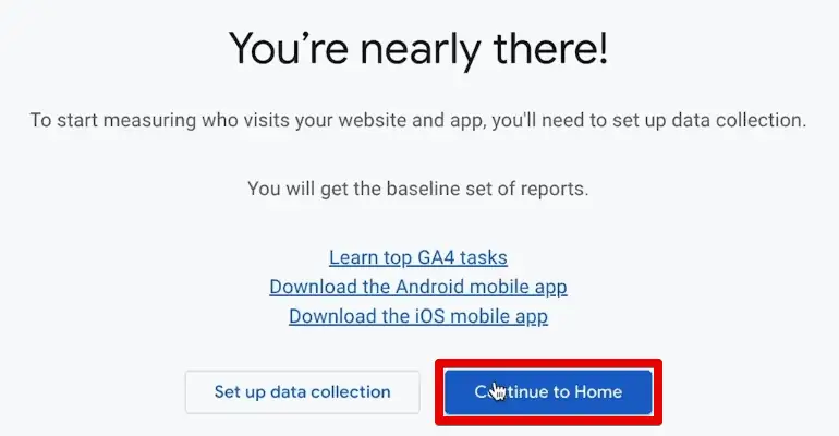 Continuing to the Google Analytics home