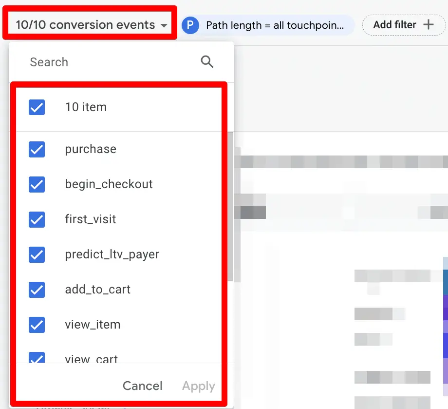 Conversion events drop-down in the conversion paths report