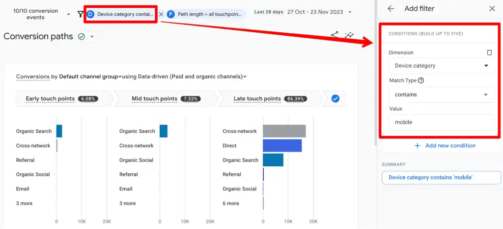 Conversion paths report with device category filter