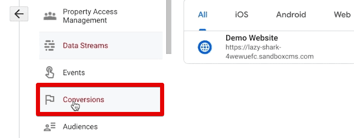 Conversions section in the GA4 admin settings