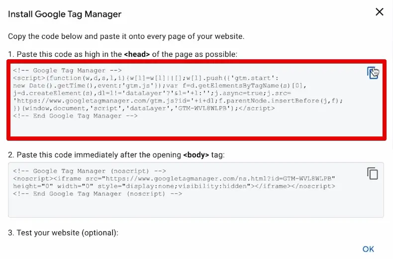 Copying the first GTM code snippet