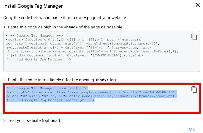 Copying the second GTM code snippet