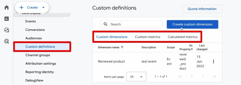 Custom definitions section in GA4