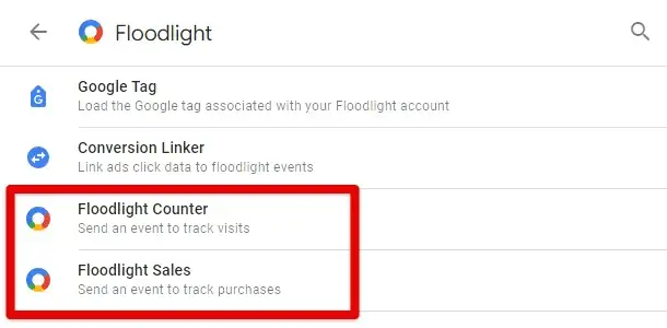 Floodlight Counter and Floodlight Sales tags in GTM