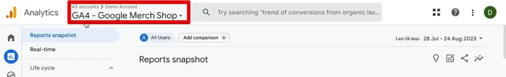 GA4 Google Merch shop demo account
