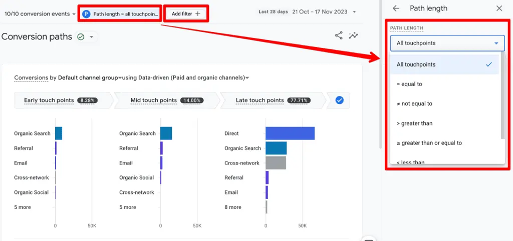 GA4 path length touchpoint settings and add filter option