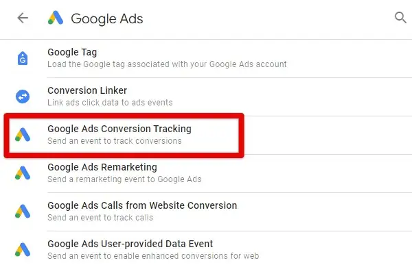 Google Ads conversion tracking tag type