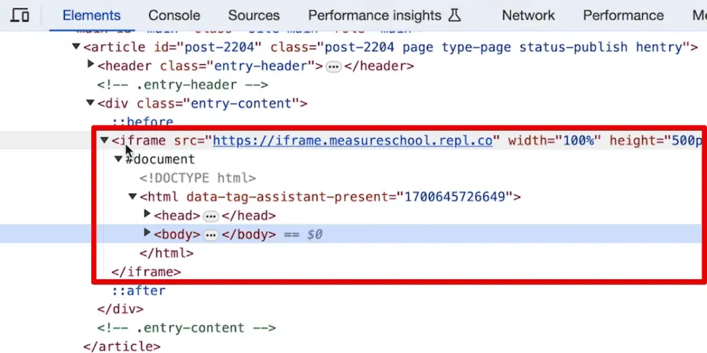 Iframe element in the HTML code of the demo shop