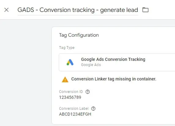 Image of tag with missing conversion linker