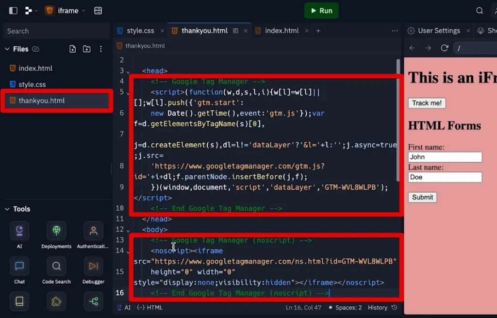 Installing the GTM snippet codes in the iframe thank you page