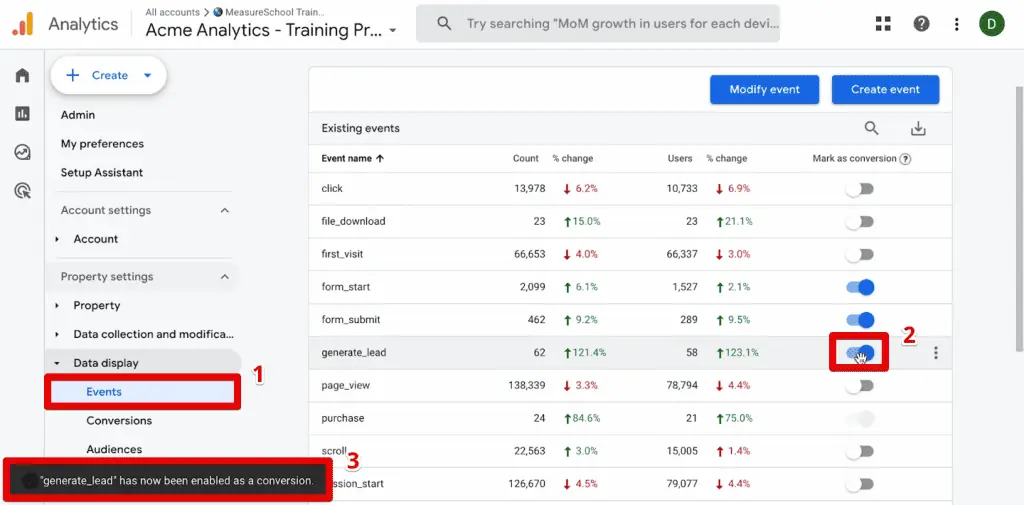 Marking an event as a conversion inside GA4
