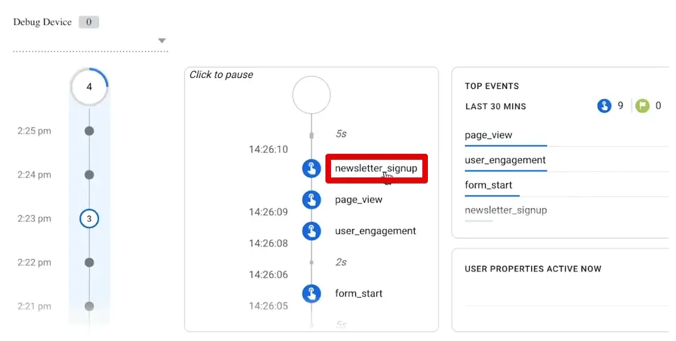 Newsletter_signup event in the GA4 DebugView