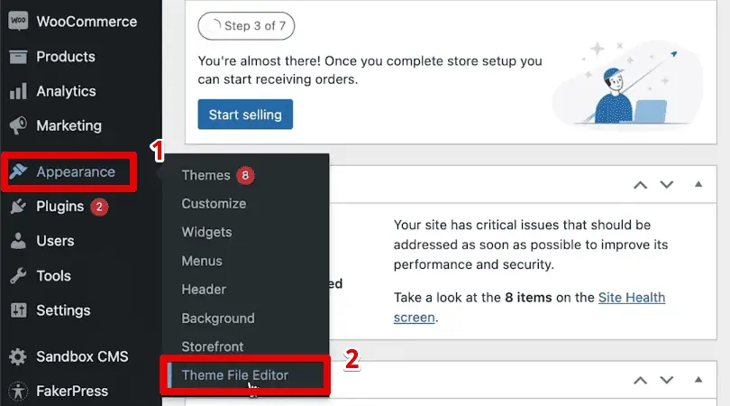Opening the WordPress theme file editor