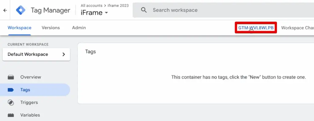Opening the code snippet window by clicking on the GTM ID