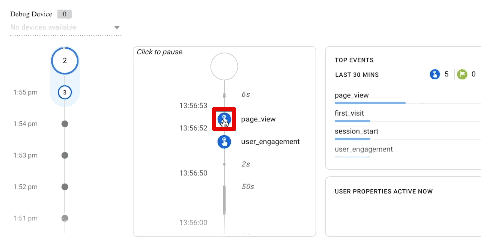 Opening the page_view event in the DebugView