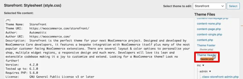 Opening the theme header file