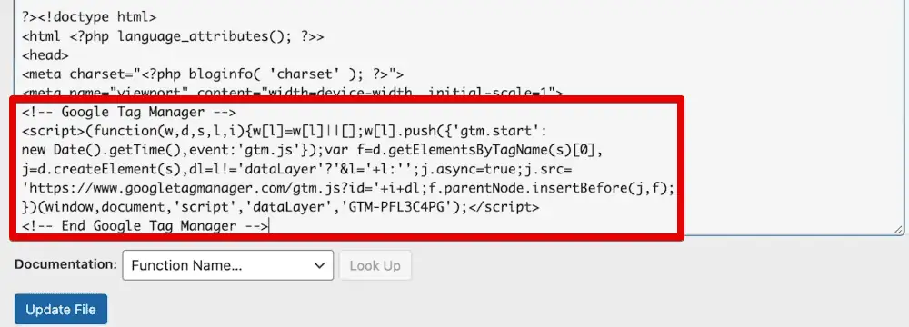 Pasting the first GTM code in the theme header file