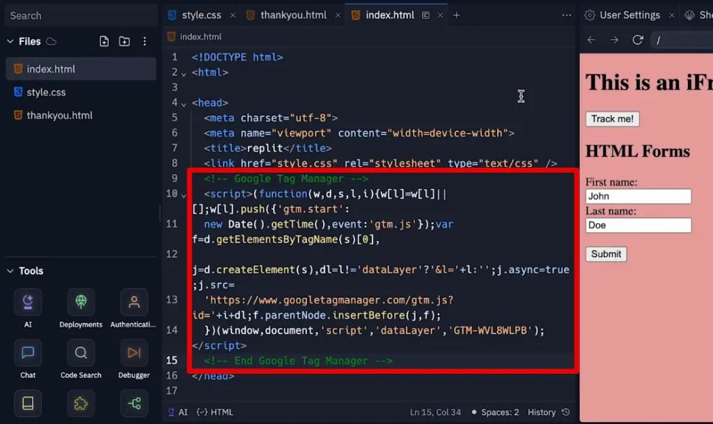 Pasting the first GTM code snippet to the iframe code
