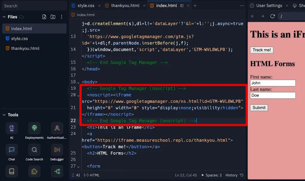 Pasting the second GTM code snippet to the iframe code