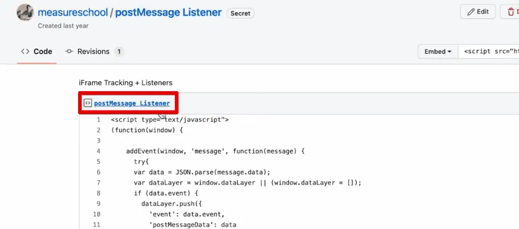 Post message listener code