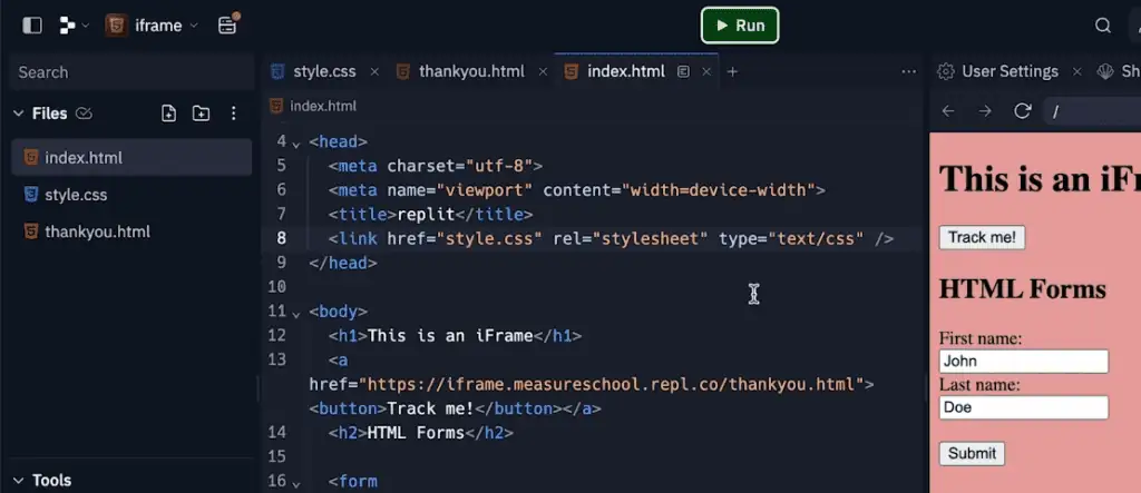 Replit editing workspace