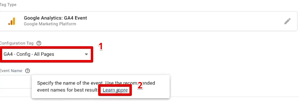 Selecting the configuration tag and opening the recommended event names
