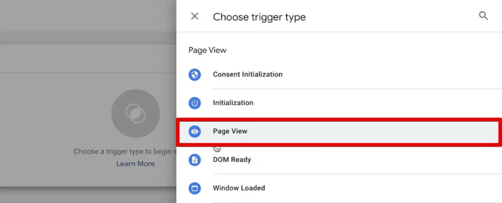 Selecting the page view trigger type