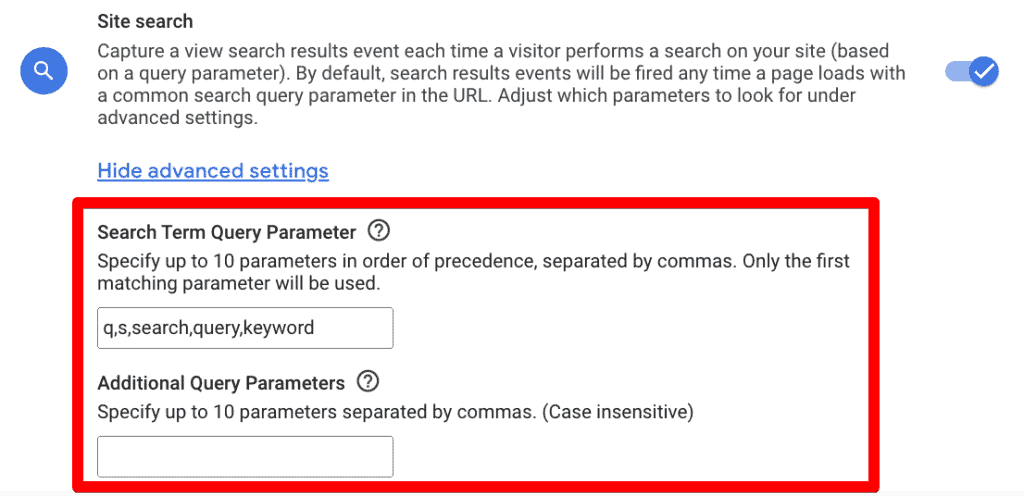 Site search advanced settings