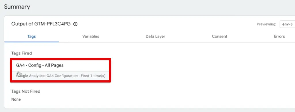 Successful firing of the GA4 configuration tag