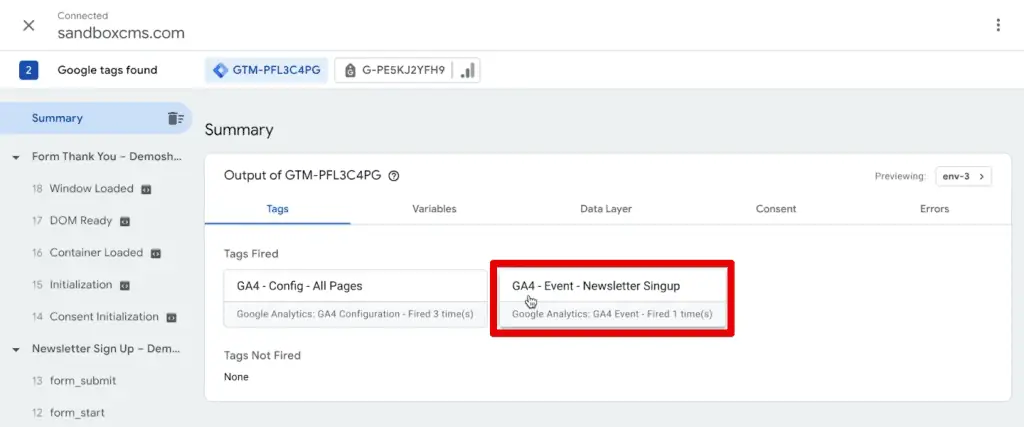 Successful firing of the GA4 event newsletter sign-up tag