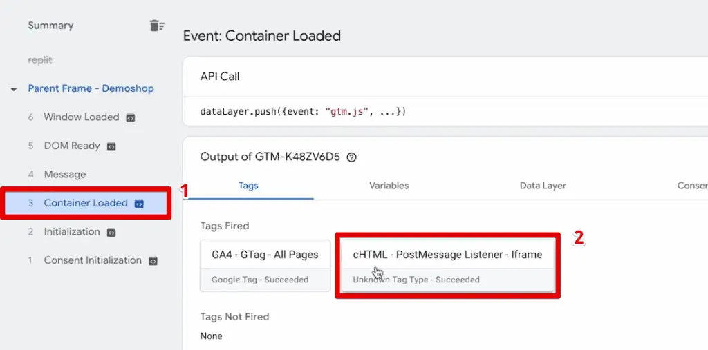 Successful firing of the post-message listener tag
