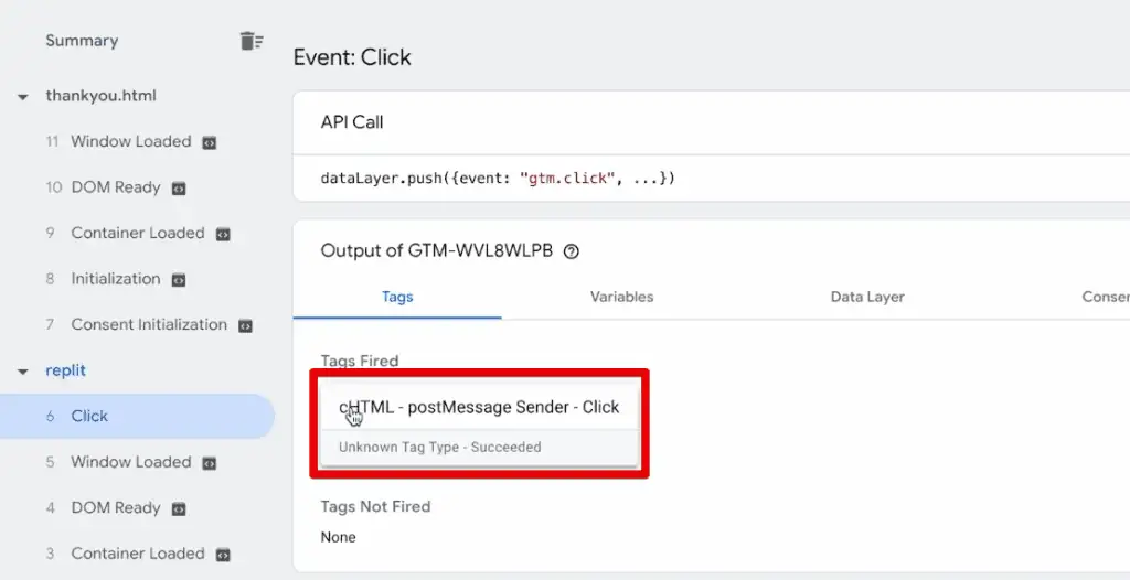 Successful firing of the post message sender tag