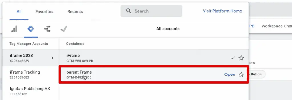 Switching to the parent frame GTM container