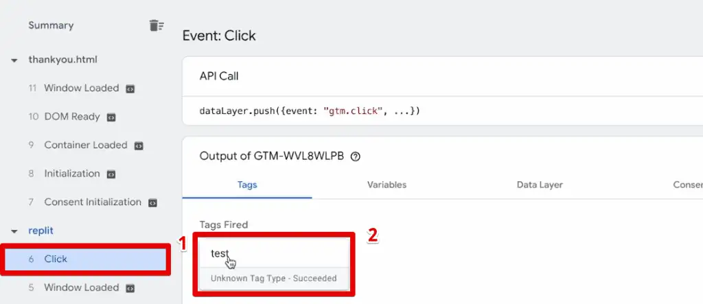Test tag fired on the click event