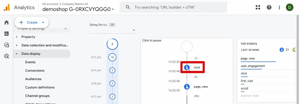 The click event in the GA4 DebugView