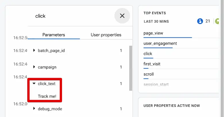 The click text event parameter