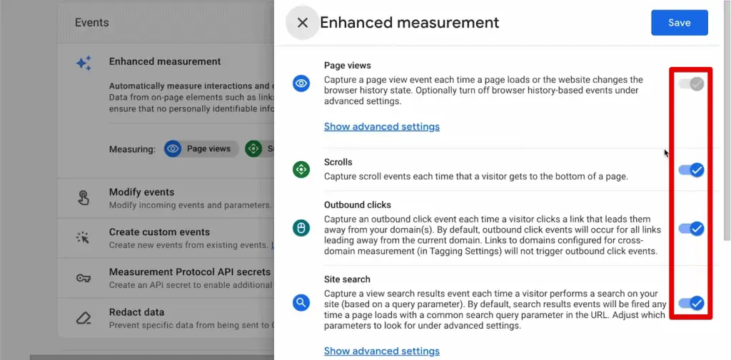 Toggling individual enhanced measurement events on/off